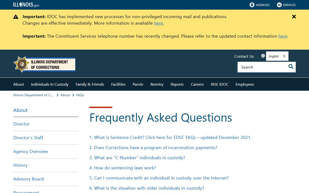 Illinois Department of Corrections inmate population FAQ describing public locator fields for sentenced inmates