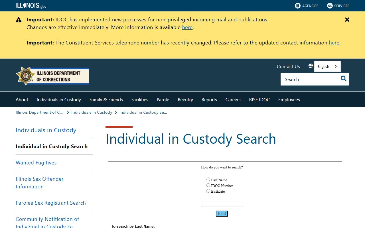 Illinois Department of Corrections inmate population search page for sentenced Kendall County prisoners