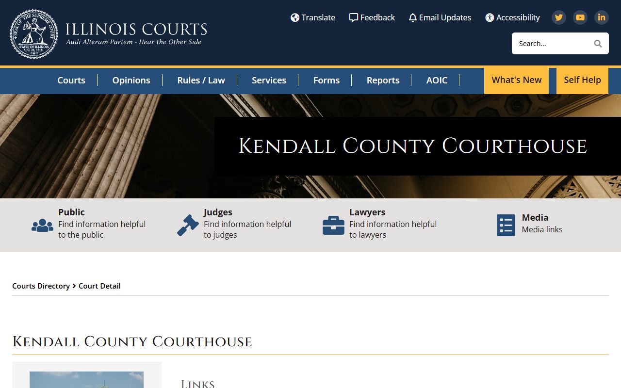 Illinois Courts directory listing for the Kendall County Courthouse where court records after an arrest are filed