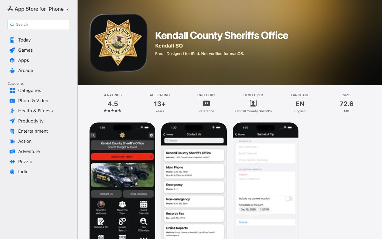 Kendall County Sheriff's Office app listing for inmate population and public-safety contact