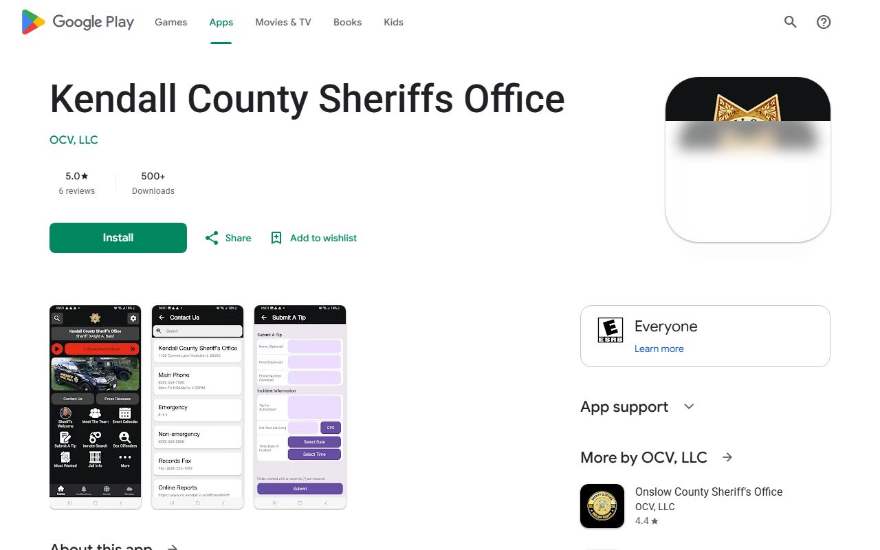 Kendall County Sheriff's Office app listing on Google Play serving the Kendall County Jail inmate population